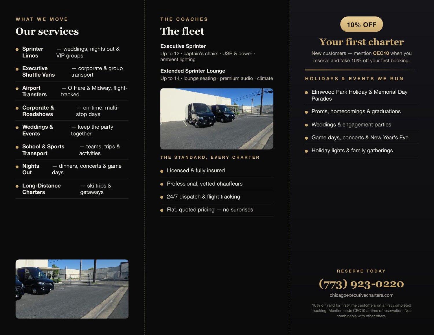 Chicago Executive Charters brochure — inside (services, fleet, holidays & events, 10% off)