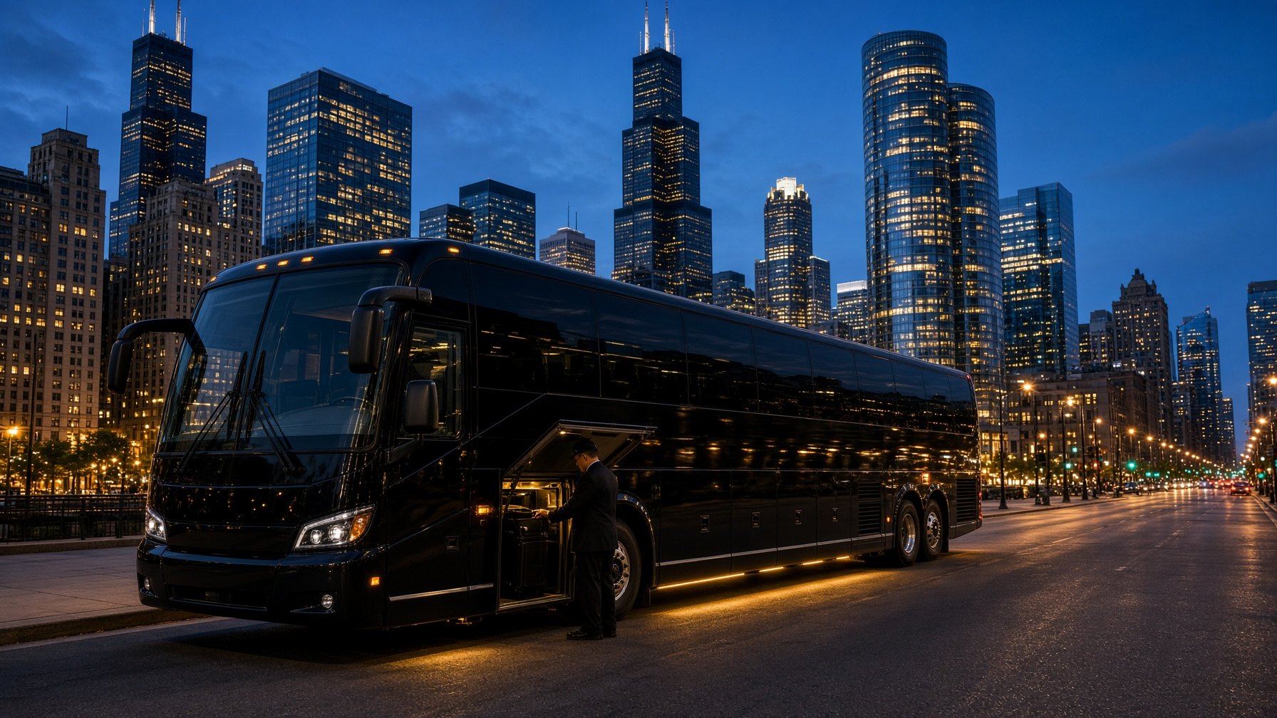 Black 56-passenger executive motorcoach in Chicago