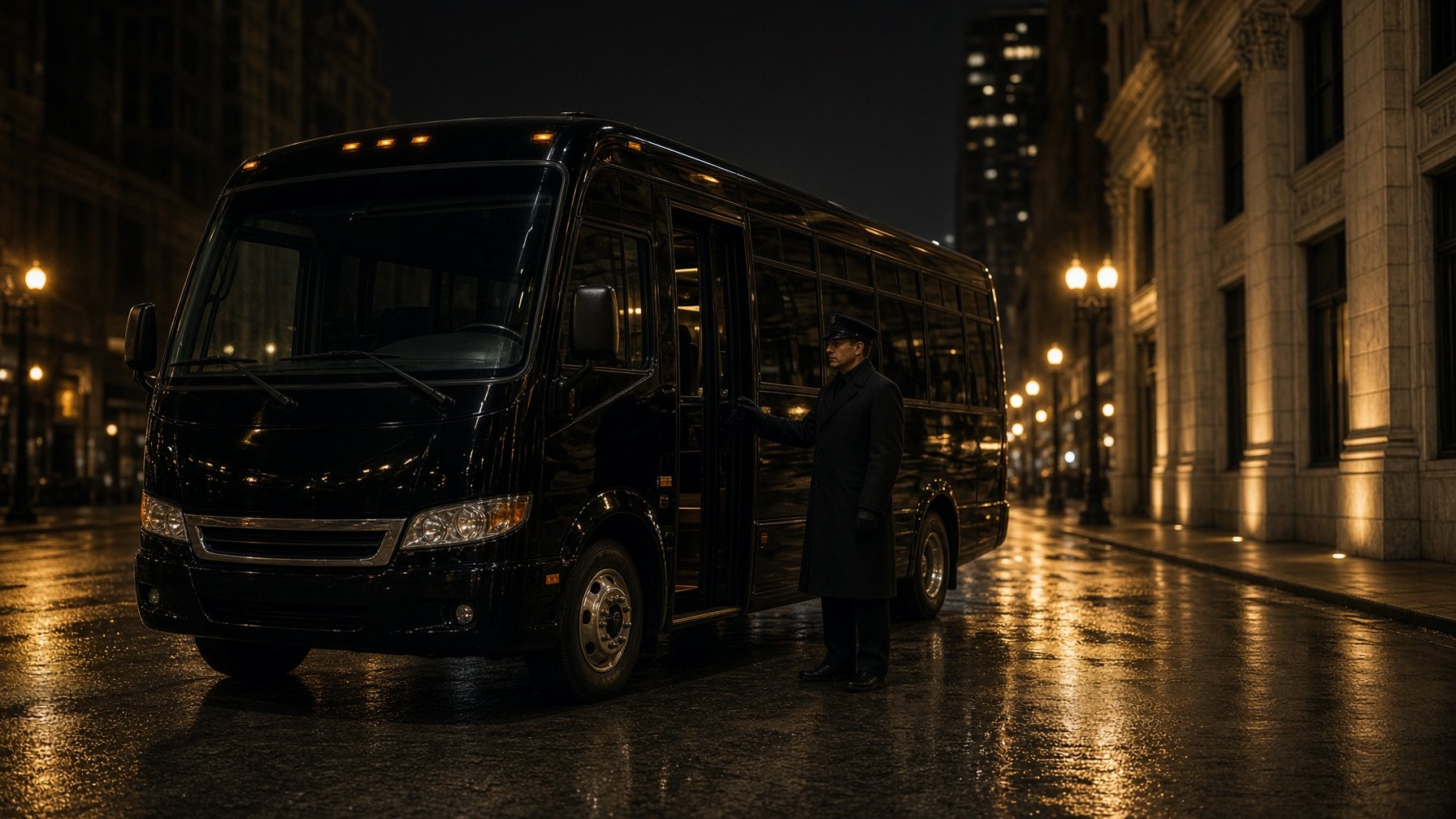 Black 26-passenger mini shuttle bus in Chicago