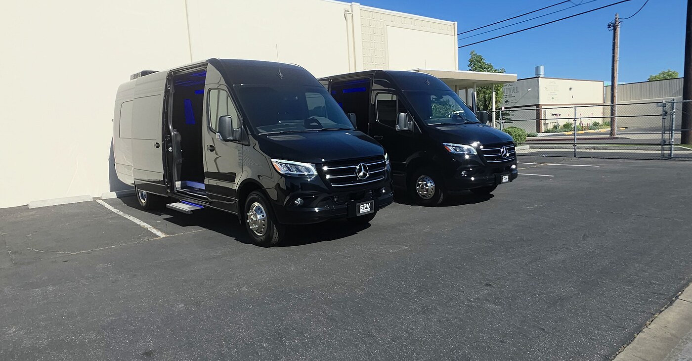 Black Mercedes-Benz Sprinter limo charter interior with lounge seating in Chicago