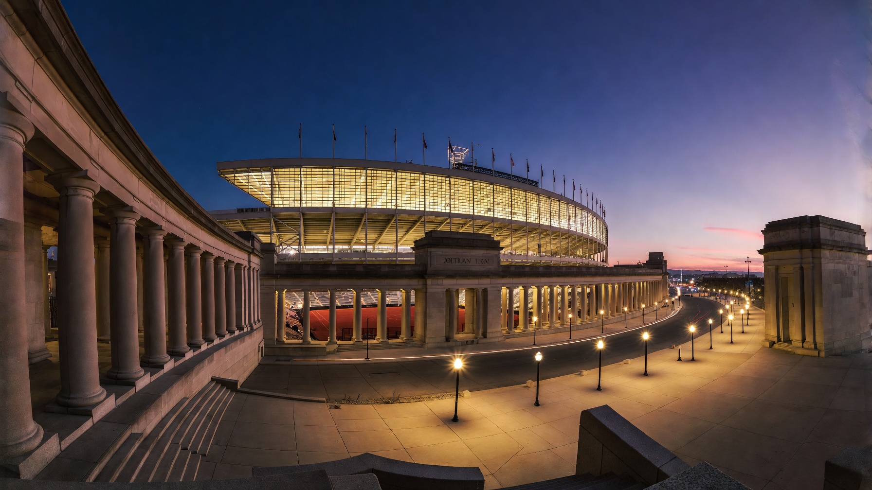 Soldier Field colonnade at dusk